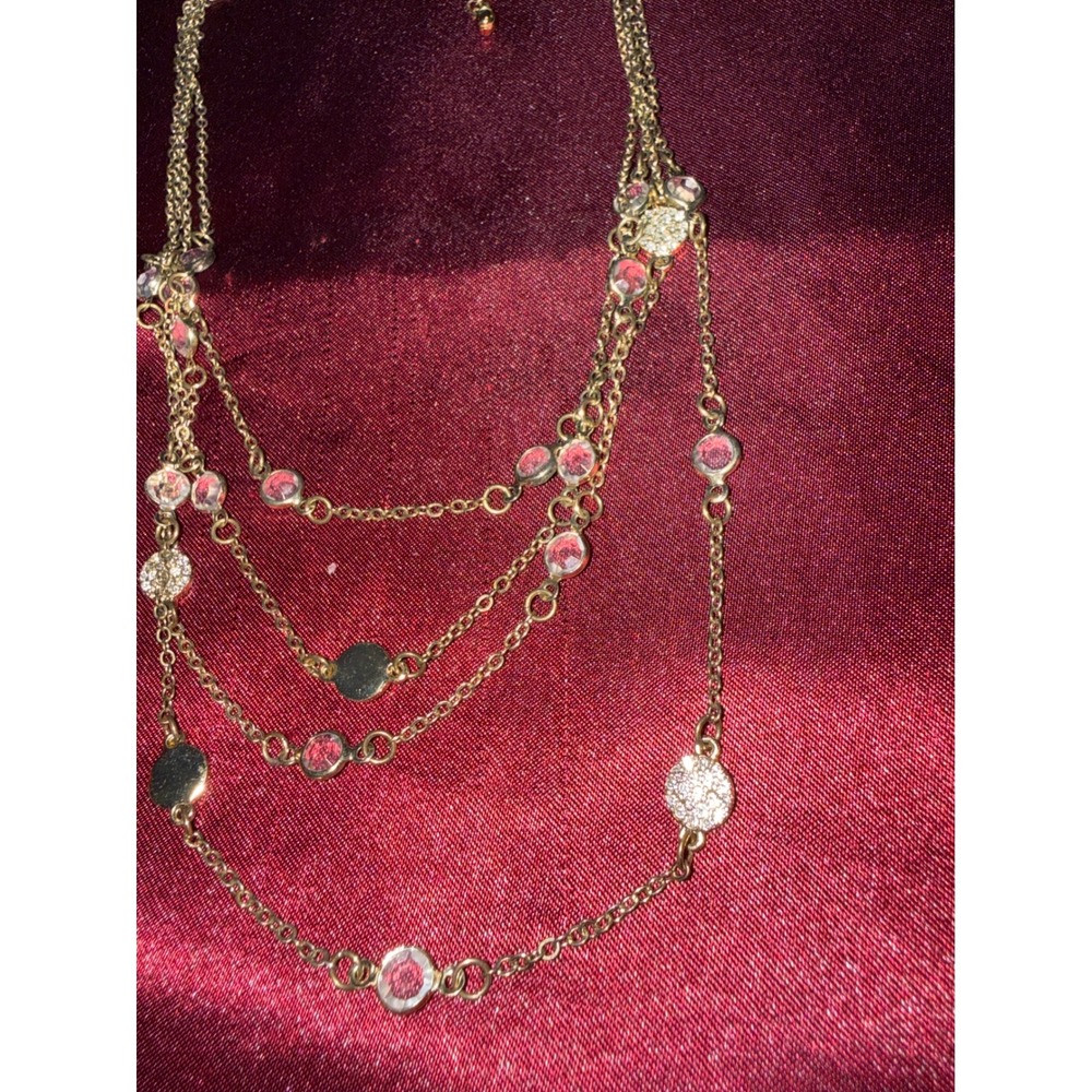 Gold Tone Multi Strand Layered Necklace Bezel Crystal‎ Pave Disc Accents Adjust